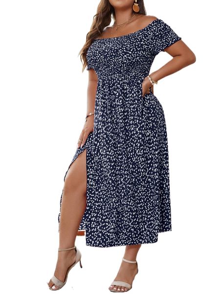 

plus all over print split hem off the shoulder dress o4qm#, Black