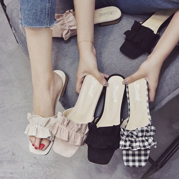 

slippers designer flounced slippers fish mouth high heels sandals female xia ping heels 2020 fashion ear lace flip flopszbg9, Black