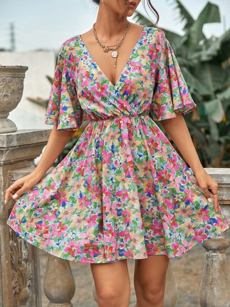 

allover floral surplice neck a-line dress t2pi#, Black;gray