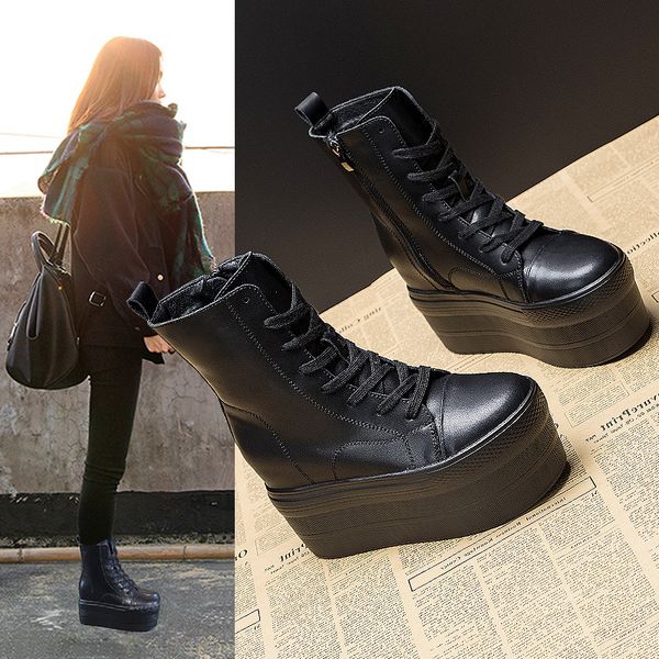 

genuine leather 10cm hidden heel boots shoes zipper winter boots ankle warm booties super thick sole platform wedge, Black;yellow