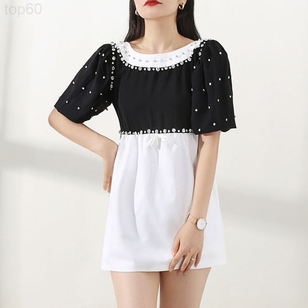 

casual dresses designer []court feng shui diamond temperament bubble sleeve heavy industry black and white stitching dress summer backless y, Black;gray
