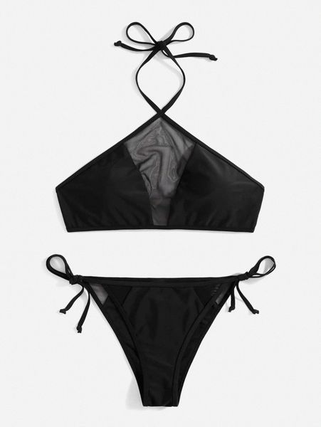

contrast mesh halter tie side bikini swimsuit v2xy#, White;black