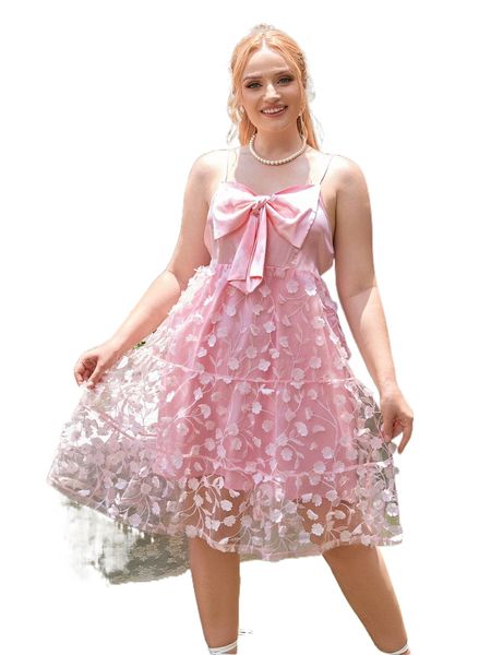 

plus plant embroidered applique bow ruffle hem mesh cami dress e57d#, Black