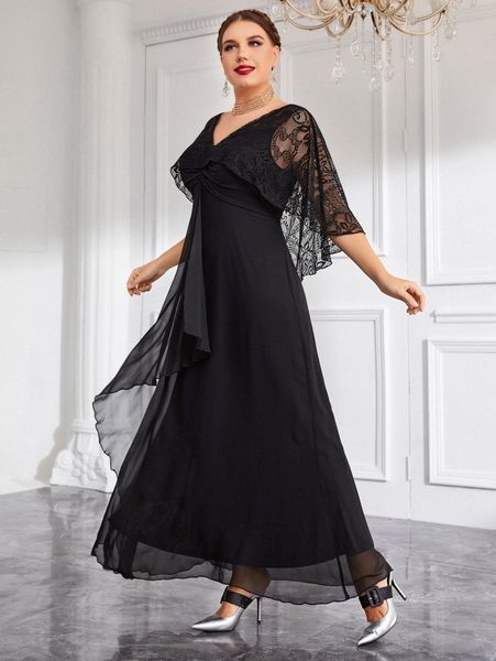 

plus contrast lace cloak sleeve draped front prom dress a4sl#, Black