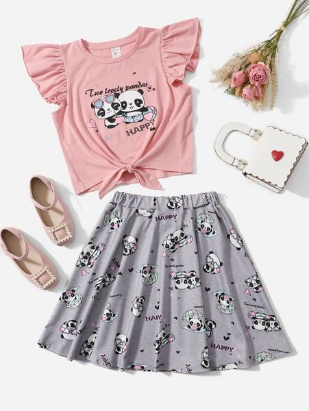 

girls cartoon graphic knot hem tee & skirt she, White