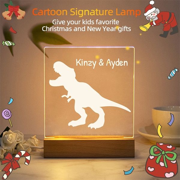 Dinosaur Nightlight de dinossauro personalizado Nome personalizado Lâmpada 3D Decoração de Natal Toys para crianças Presente 220623