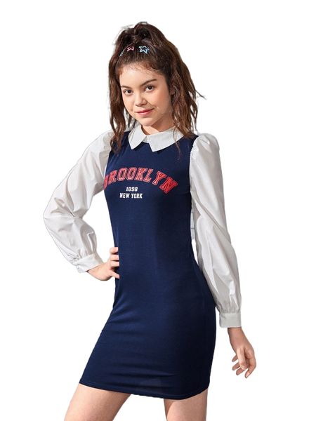 

teen girls letter graphic contrast collar fitted dress c2ei#, Black;white