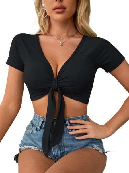 

plunging neck knot front raglan sleeve crop r4ys#, White