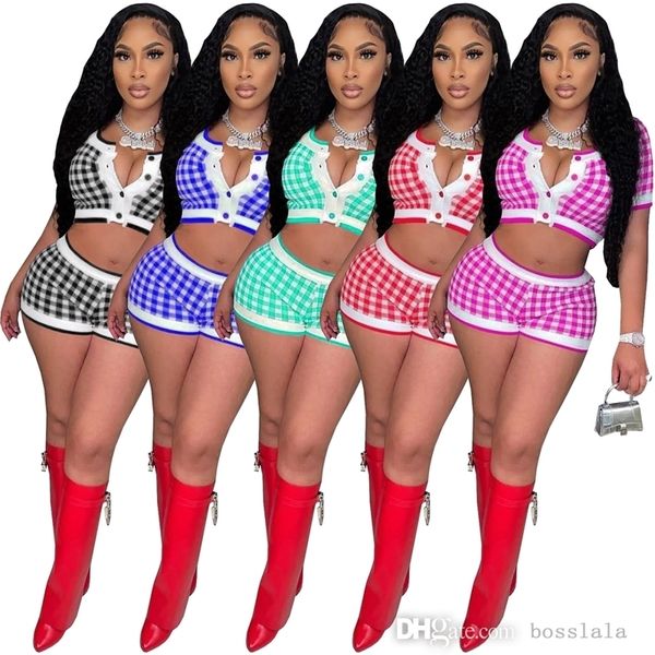 

women two piece pants outfits fashion plaid printed breasted open navel cardigan shorts set designer sportwear, White