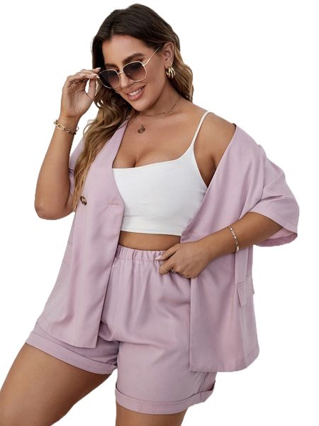 

plus double button blazer & roll hem shorts 64hu#, White;black