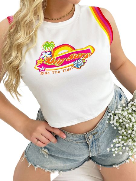 

plus coconut tree & slogan graphic contrast trim tank 779a#, Black