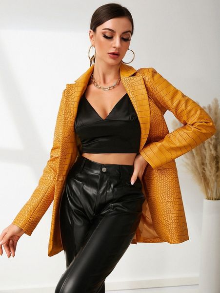 

unique21 crocodile pattern single button pu leather blazer u6i3#, White