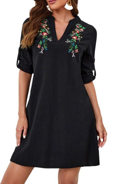 

floral embroidered roll tab sleeve tunic dress y2nz#, Black;gray