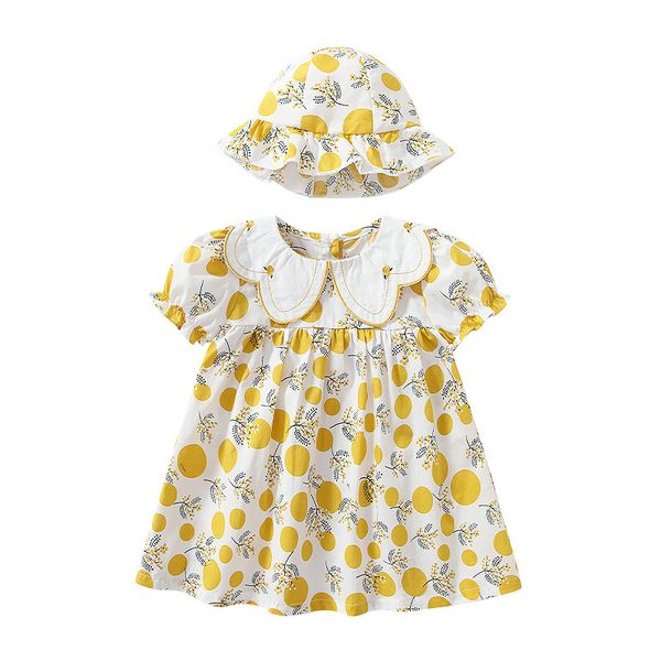 

summer girl dress for kids clothes with hat 2pcs set short sleeve princess dresses floral baby clothing skirt elegant cotton children lovely, Red;yellow