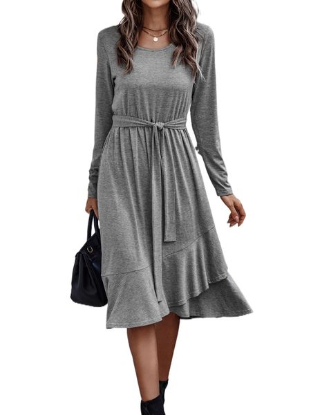 

solid ruffle hem belted dress t0iq#, Black;gray