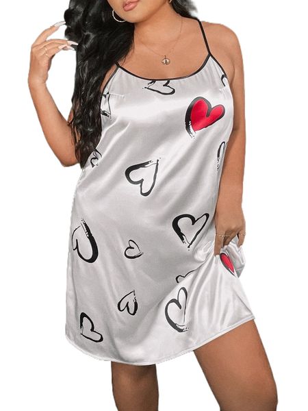 

plus heart print contrast binding satin cami nightdress h5vr#, Black;white