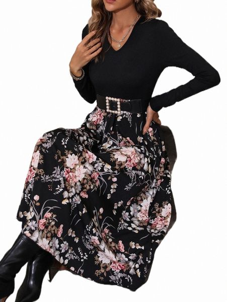 

floral print v neck a-line dress without belt p284#, Black;gray