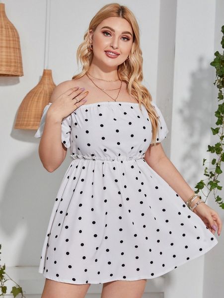 

plus polka dot off shoulder frilled waist dress v5k5#, Black