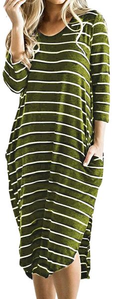 

women's casual soft loose beach midi dresses striped summer dress with pockets m97r#, Black;gray