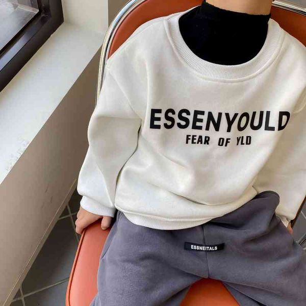 

winter sweater plush thickened ess letter boys' rcasual sweatershirts sweatpants streetwear pullover solid color fleece sports suit men, Gray