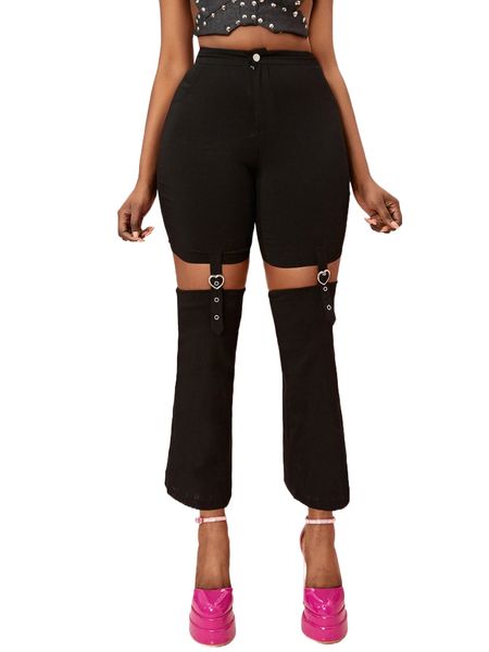 

high waist heart-ring removable leg boot cut pants y1x1#, Black;white