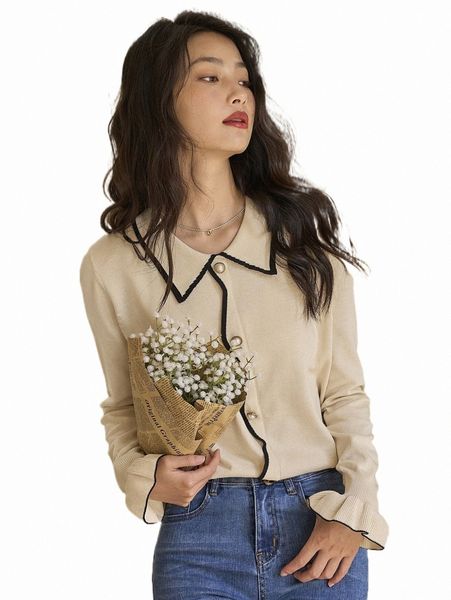 

dazy contrast trim flounce sleeve fake button sweater o2rr#, White;black