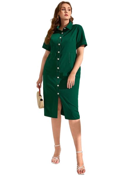 

plus button front split shirt dress p29w#, Black