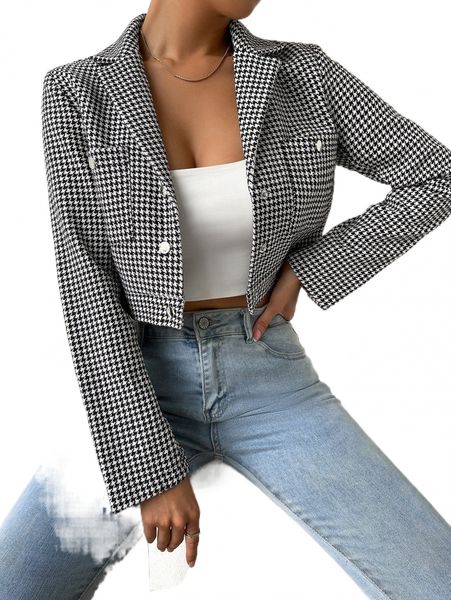 

houndstooth dual pocket crop blazer w1z8#, White