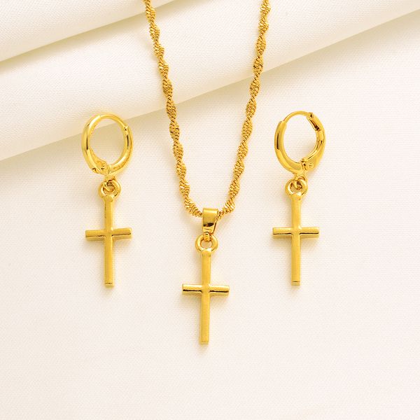 Damen Lady Jesus Kreuz Creolen Ohrringe Halskette Anhänger Set Gelbgold