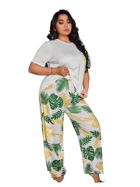 

plus tropical print pocket front pj set a4qx#, Black;white