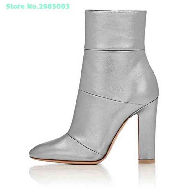 

shiny chunky heel solid boots ankle pointed toe side zipper concise leather women party dress shoes spring autume sliver black 220514
