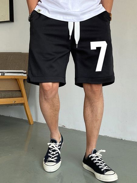 

men number print drawstring waist shorts 34jc#, White;black