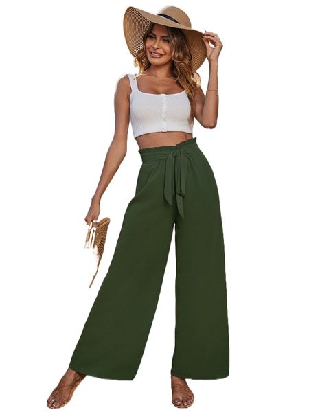 

frilled waist tie front wide leg pants 84a0#, Black;white