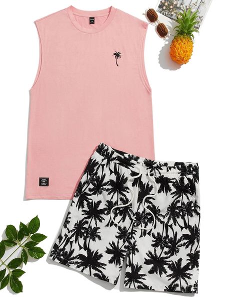 

men tropical print tank & shorts set 23nj#, Gray