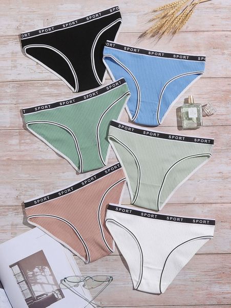 

6pack rib letter tape panty set i1zj#, Black;red