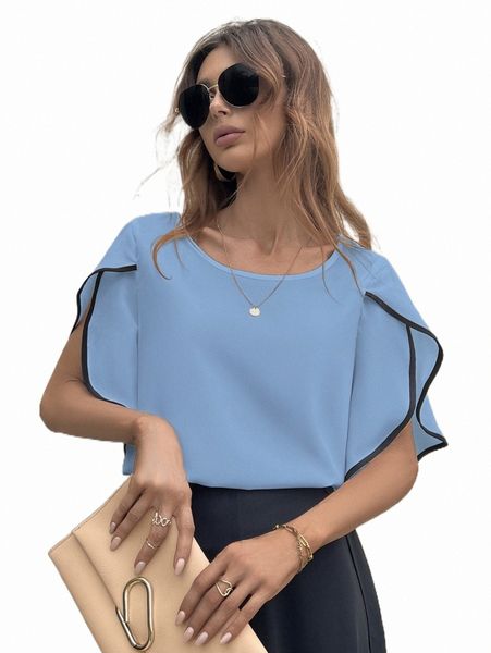 

contrast binding petal sleeve blouse a0m9#, White