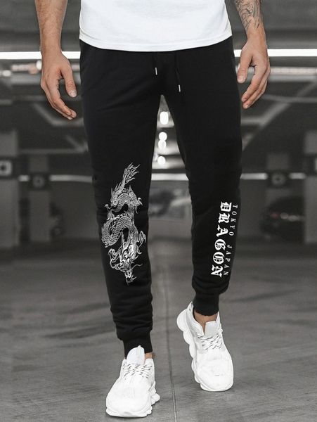 

men letter & chinese dragon graphic drawstring waist sweatpants 058t#, Black