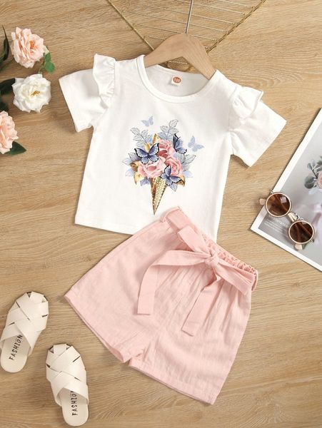

toddler girls floral & ruffle trim tee & belted shorts she, White