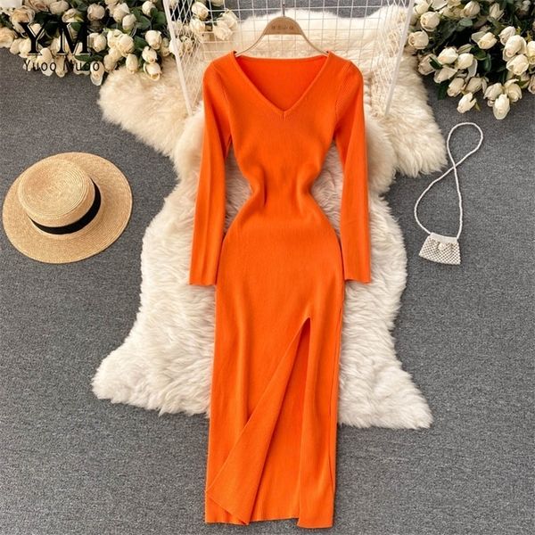 

yuoomuoo french long high split knit full sleeve dress ladies autumn winter solid knit sweater dress bodycon vestidos 220317, Black;gray