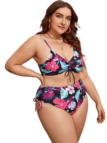 

plus tropical print drawstring bikini swimsuit c1go#, White;black