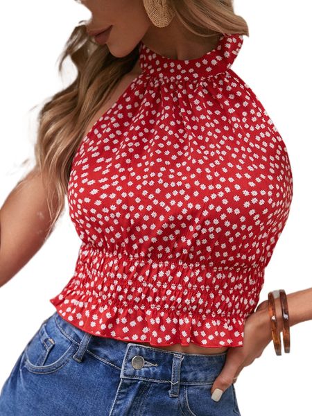 

ditsy floral print tie backless shirred peplum halter p6ka#, White