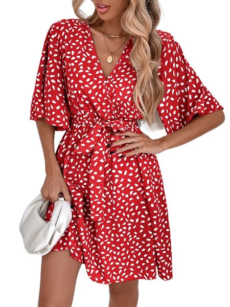 

allover print butterfly sleeve belted dress n2nx#, Black;gray