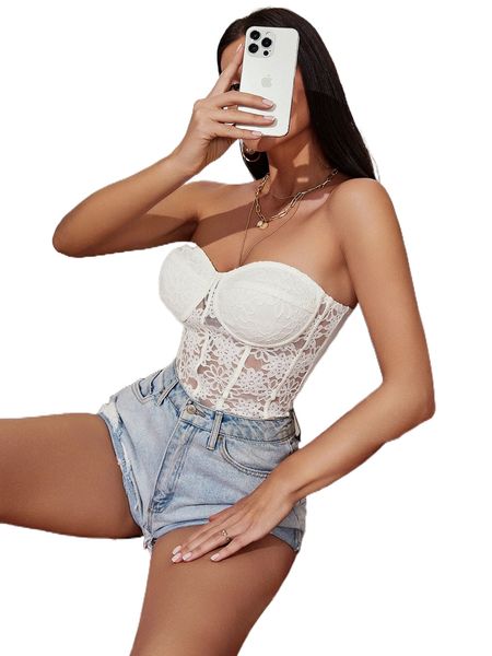 

z.ip back floral l.ace bustier tube t.op j82j#, White