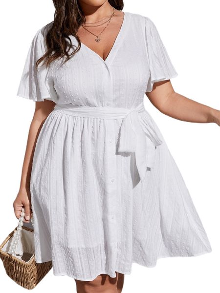 

plus swiss dot butterfly sleeve belted dress 629b#, Black