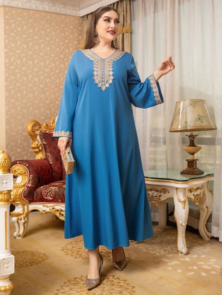 

plus v neck embroidery maxi dress t7il#, Black