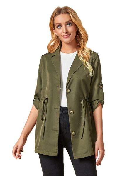 

emery rose notched collar roll up sleeve drawstring waist coat w2wa#, Black