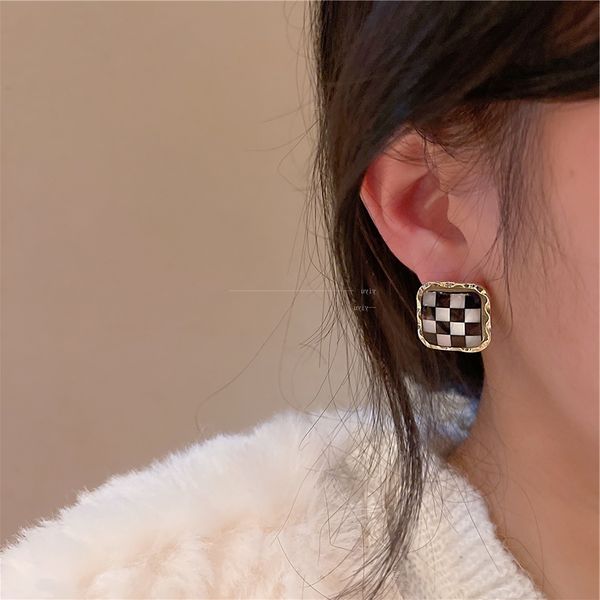 

winter diamond black and white checkered square earrings s925 silver needle temperament geometric independent packaging, Golden;silver