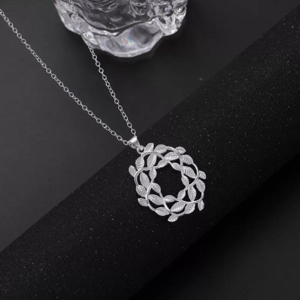 

925 silver round leaf pendant chain necklace jewelry women wedding fashion cute wedding