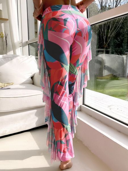 

allover print ruffle trim cover up pants d5vt#, White;black