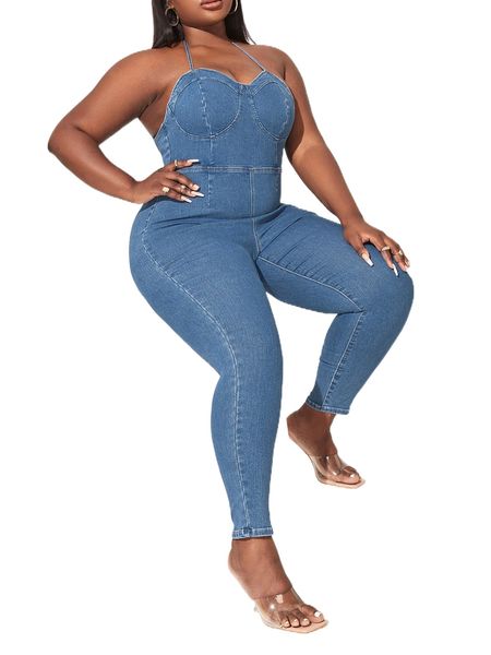 

sxy plus eyelet grommet backless denim halter overalls 54uq#, Black;white